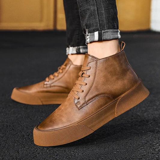 Autumn Men Ankle Boots High-cut Solid Genuine Leather Sneakers Motorcycle Boots Tooling Boots Platform Skateboard Sport Shoes
